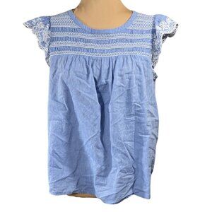 Loft Summer Top Cotton Blue White Eyelet Size M Medium Smocked Cap Sleeve